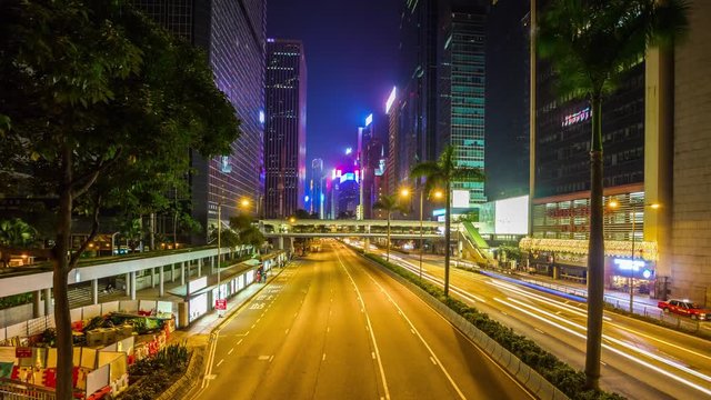 night light hong kong city center traffic street walking bridge panorama 4k time lapse china
