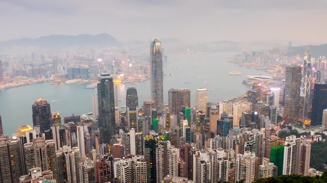 sunset twilight hong kong famous view point the peak city panorama 4k time lapse china
