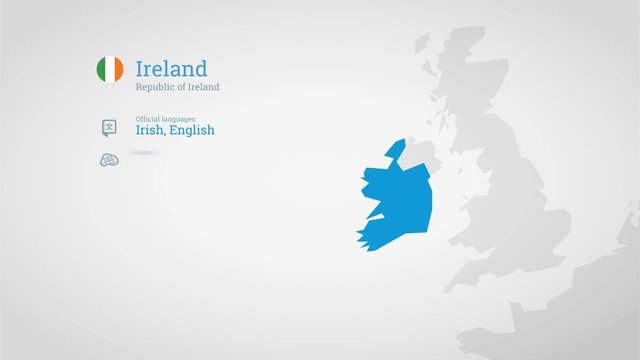 Animated infographics map with country's flag and profile. Ireland