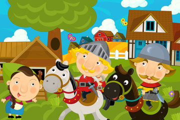 cartoon illustration of traditional farm village with happy farm girl and royal defenders