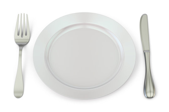 Empty plate with knife and fork, 3D rendering