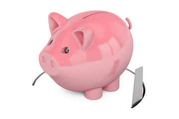 Piggy bank with cutting saw. Financial risk concept, 3D rendering