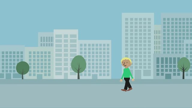 Happy man walking in city. Animated character with flat design. Urban background with colors changing from dull to vibrant.