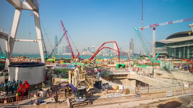 summer sunny day hong kong city bay port construction panorama 4k time lapse china
