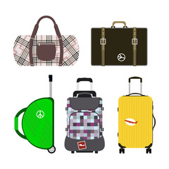 Travel tourism fashion baggage or luggage vacation handle leather big packing briefcase and voyage destination case bag on wheels vector illustration.