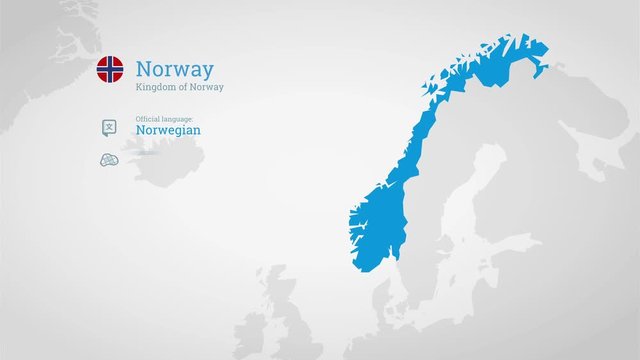 Animated infographics map with country's flag and profile. Norway