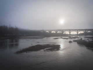 Fototapeta premium rva, richmond, aerial, drone, virginia, james river, cemetery, train, train bridge