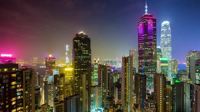night light hong kong cityscape modern buildings rooftop panorama 4k time lapse china
