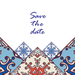 Vintage Banner for business and invitation  card.  Portuguese tiles azulejo. Template with decorative tiles ornamental element. For  postcard, brochure, advertising,  bookmark, leaflet. Vector.