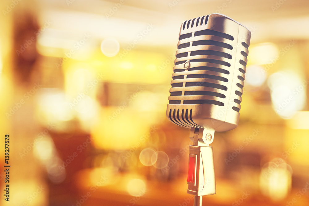 Poster mic on bokeh background closeup