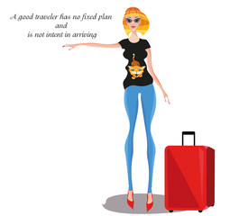 vector illustration with a pretty fashion blond girl with a suitcase hitchhiking 