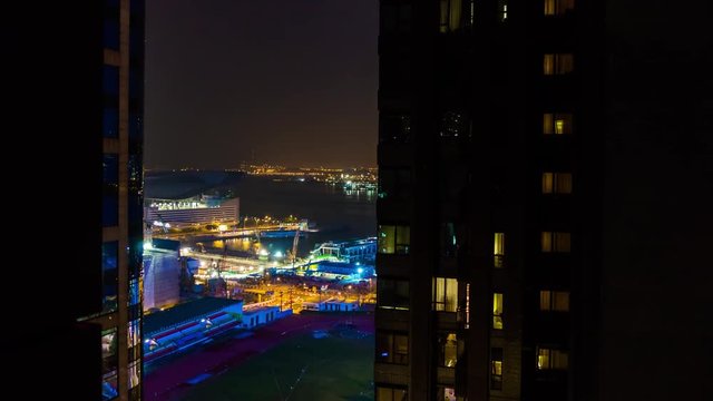 hong kong apartment buildings dock port bay panorama 4k time lapse china
