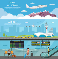 Airport passenger terminal and waiting room. International arrival departures background vector illustration airplane infographic