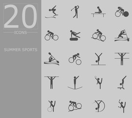 eps 10 vector set of summer sport icons. Silhouette sport signs collection. Indoor and outdoor activities, single and team sport included. Graphic illustration clip art for design, mobile, web, print