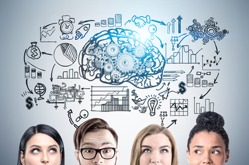 Close up of business team, brain and gears