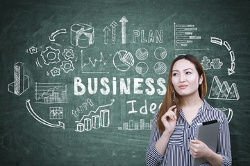 Asian woman and business idea on green
