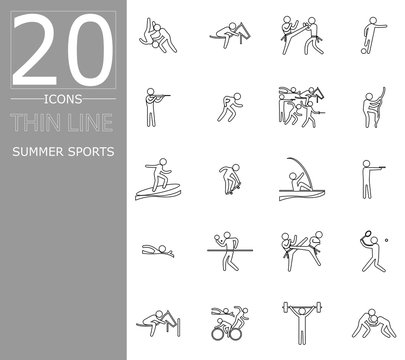 eps 10 vector set of summer sport icons. Thin line sport signs collection. Indoor and outdoor activities, single and team sport included. Graphic illustration clip art for design, mobile, web, print