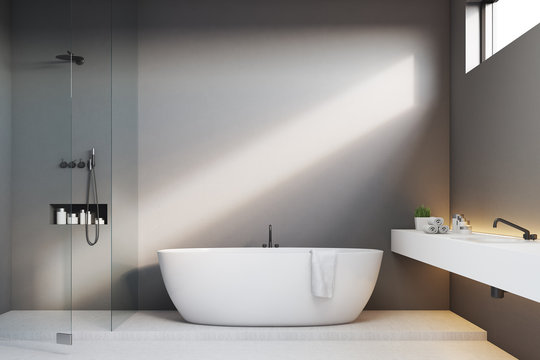 Luxury bathroom with gray walls and shower