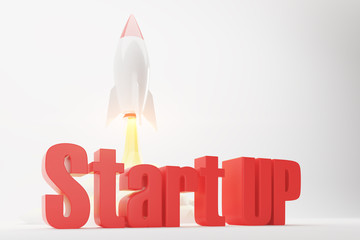 Vertical cartoon rocket, white background, 3d