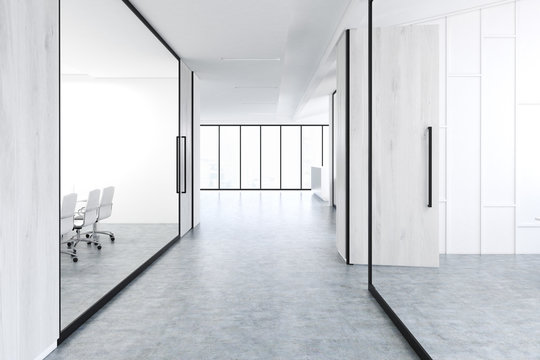 Office corridor with gray wood and glass