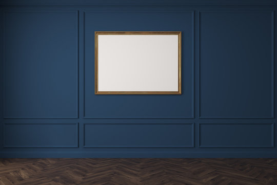 Horizontal poster in empty blue room, dark floor