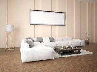 Mock up interer spacious living room with stylish corner sofa.