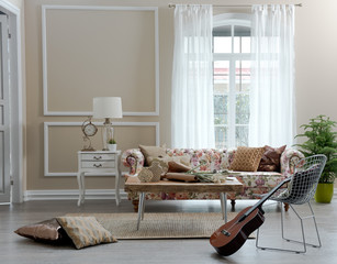 modern background and luxury home style with guitar and modern pillows, metal chiar concept