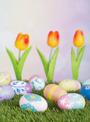 Colorful Easter Eggs and Tulips