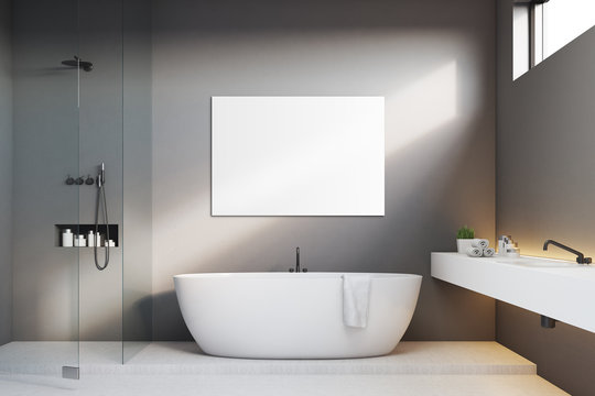 Luxury bathroom with gray walls and poster