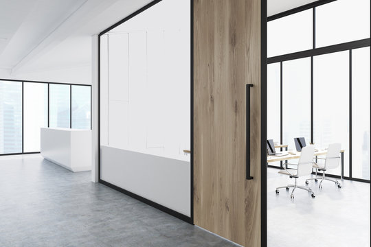 Office corridor with wood and glass, reception