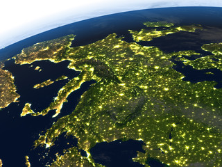 Fototapeta na wymiar Europe at night on planet Earth