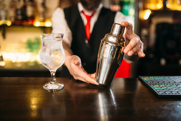 Barman with shaker behind a bar counter