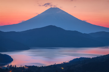 Mt.Fuji and Lake Ashi with beautiful evening sky in spring season. the lake with Mount Fuji in the background is the symbol of Hakone , Kanagawa predecture , Japan.