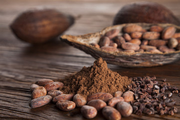 Aromatic cocoa, powder and food dessert background