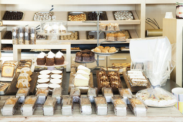 Desserts displayed in bakery