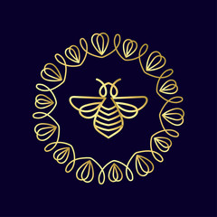 Logo with insect. Badge Bee for corporate identity, packaging luxury brand of bee products, eco-cosmetics, soap, medical products and honey. Trend style in thin line.