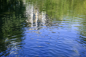 Fototapeta na wymiar A blurred reflection of trees and sky on small pool