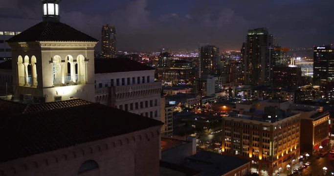 SAN DIEGO, CA - Circa February, 2017 - A high angle view of the San Diego skyline at nighttime.	 	