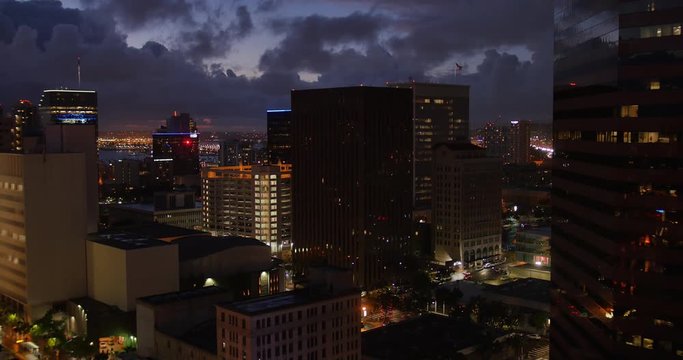 SAN DIEGO, CA - Circa February, 2017 - A high angle aerial view of the San Diego skyline at night.	 	