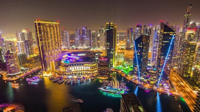 night light dubai marina famous hotel mall traffic gulf rooftop panorama 4k time lapse uae
