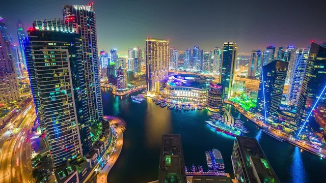 night illumination famous dubai marina mall hotel rooftop panorama 4k time lapse uae
