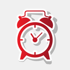 Alarm clock sign. Vector. New year reddish icon with outside stroke and gray shadow on light gray background.