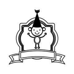 silhouette heraldic frame with cute monkey animal and ribbon vector illustration