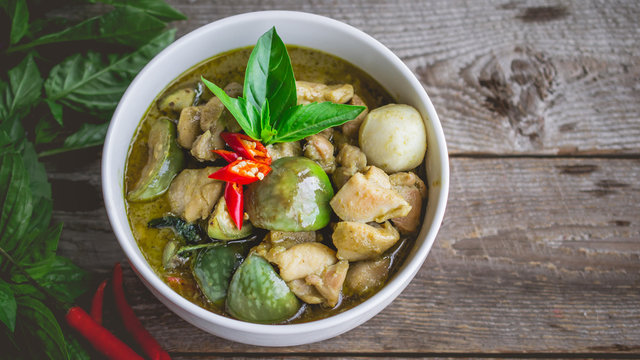 Thai Chicken Green Curry. Famous Thai Tradition Food. Image for Food Advertise in Nostalgic Concept and Rustic Vintage Tone