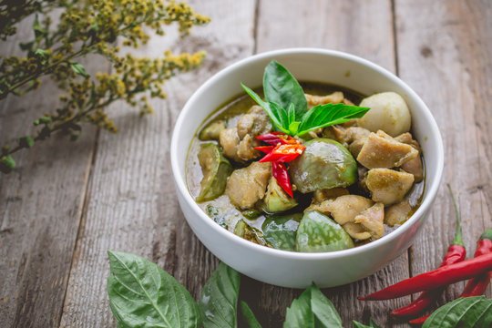 Thai Chicken Green Curry. Famous Thai Tradition Food. Image for Food Advertise in Nostalgic Concept and Rustic Vintage Tone