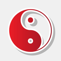 Ying yang symbol of harmony and balance. Vector. New year reddish icon with outside stroke and gray shadow on light gray background.