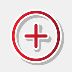 Positive symbol plus sign. Vector. New year reddish icon with outside stroke and gray shadow on light gray background.
