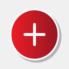 Positive symbol plus sign. Vector. New year reddish icon with outside stroke and gray shadow on light gray background.