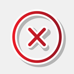 Cross sign illustration. Vector. New year reddish icon with outside stroke and gray shadow on light gray background.