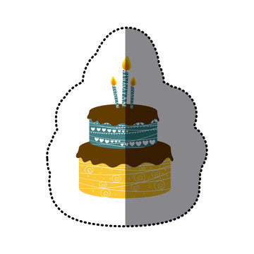sticker colorful picture birthday cake two floors with candles vector illustration